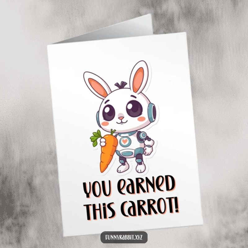 Funny Free Printable Congratulations Card: Surprised rabbit bot stares wide-eyed at a massive, dangling carrot, a prize for their achievement.