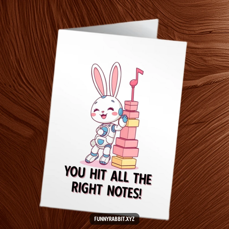 Funny Free Printable Congrats Card: Rabbit bot giggling while balancing a tall, precarious tower of musical notes.