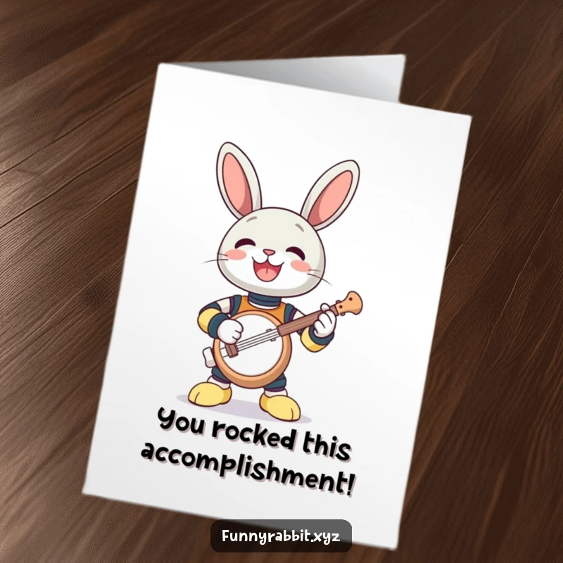 Funny Free Printable Congrats Card: A gleeful rabbit bot joyfully strumming a comically small banjo.