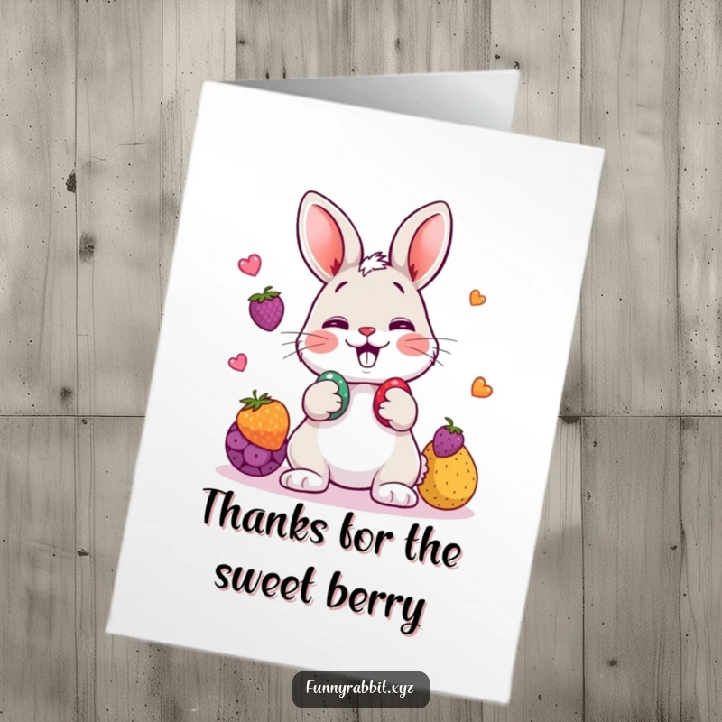 Funny Free Printable Thank You Card: Giggling cartoon rabbit juggling colorful berries, showing thanks with a playful, sweet gesture.
