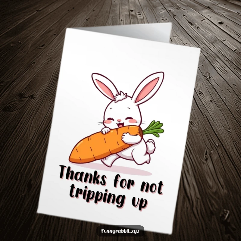 Funny Free Printable Thank You Card: Cartoon rabbit comically tripping while holding a big carrot, showing thanks humorously.