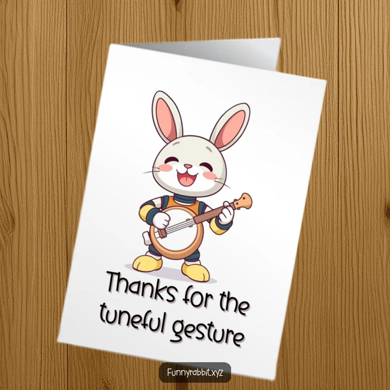 Funny Free Printable Thank You Card: A gleeful rabbit bot enthusiastically playing a disproportionately small banjo.