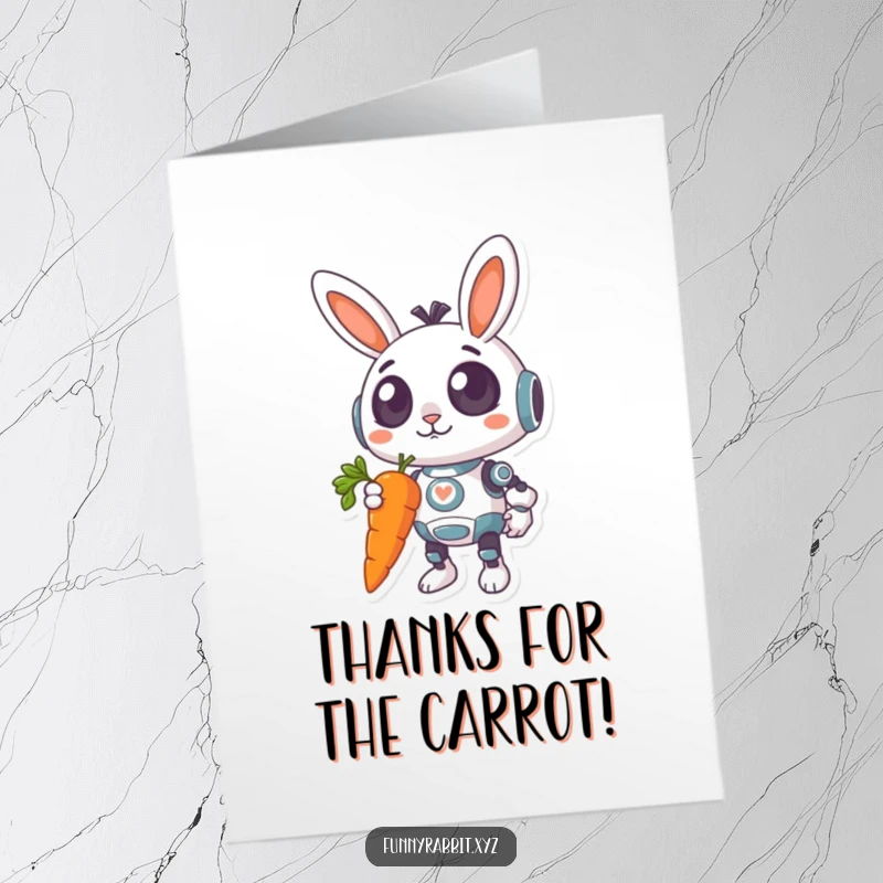 Funny Free Printable Thank You Card: A surprised rabbit bot with a crooked grin holds a surprisingly large, dangling carrot, saying thanks.