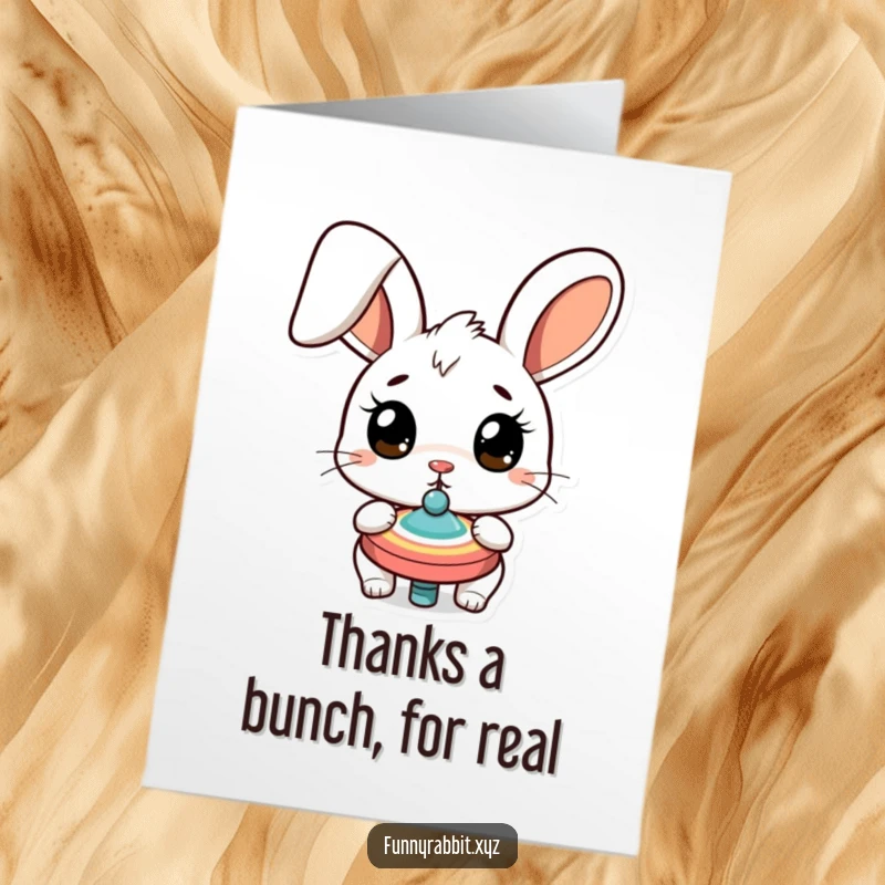 Funny Free Printable Thank You card: Wide-eyed rabbit watching a spinning top, conveying a surprised thank you.