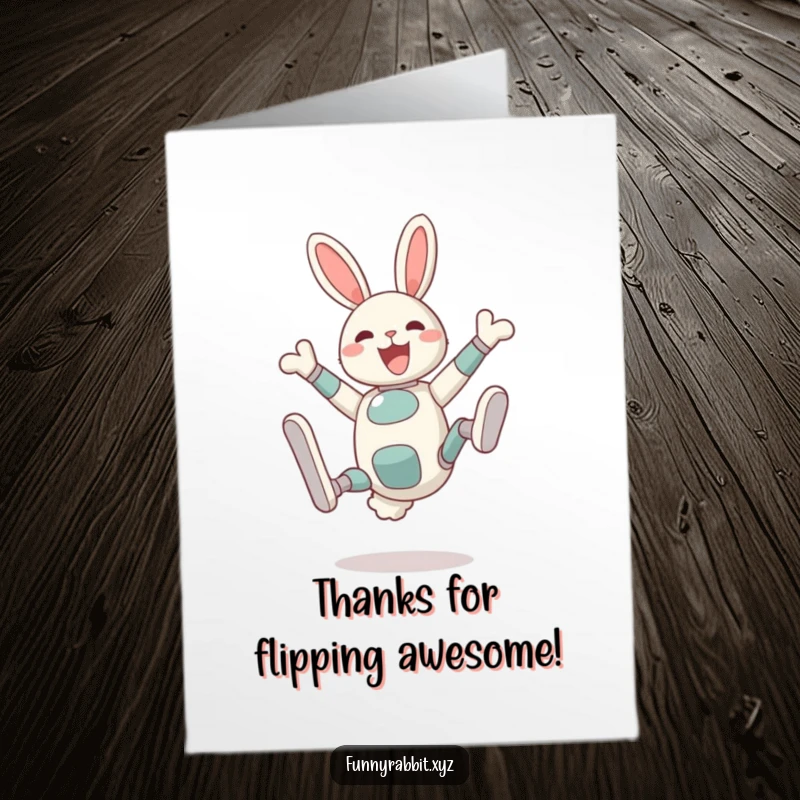 Funny Free Printable Thank You Card: Delighted rabbit bot is upside down in a somersault, legs in the air, expressing thanks.