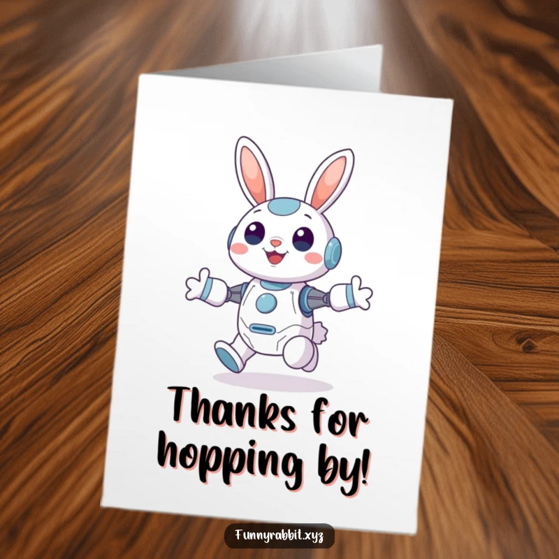 Funny Free Printable Thank You Card: Cheerful rabbit bot hops with joy, ears perked, offering heartfelt thanks.