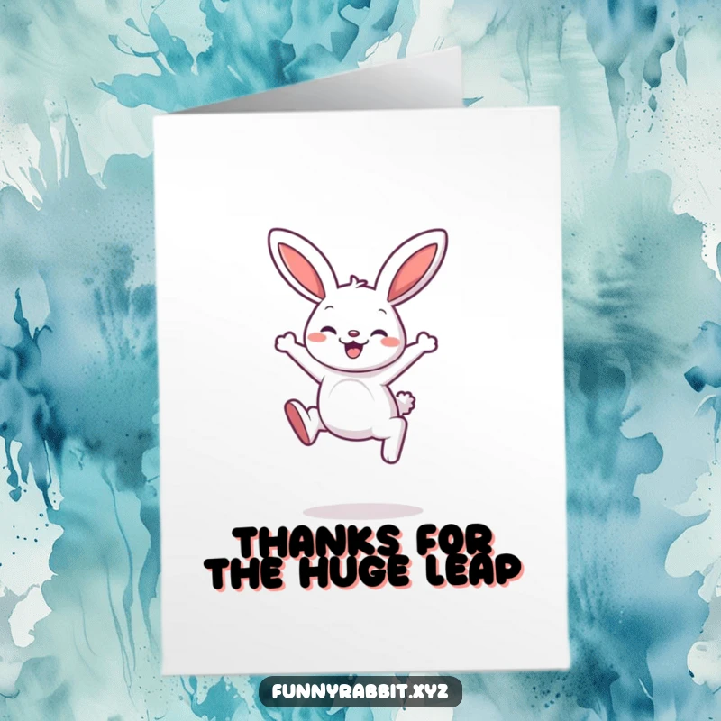 Funny Free Printable Thank You Card: Bouncing cartoon rabbit with a delighted face, mid-leap, conveying heartfelt thanks.