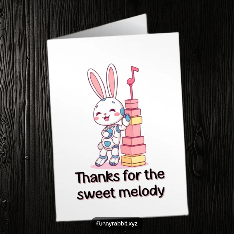 Funny Free Printable Thank You Card: Giggling rabbit bot attempting to balance a wobbly stack of large musical notes.