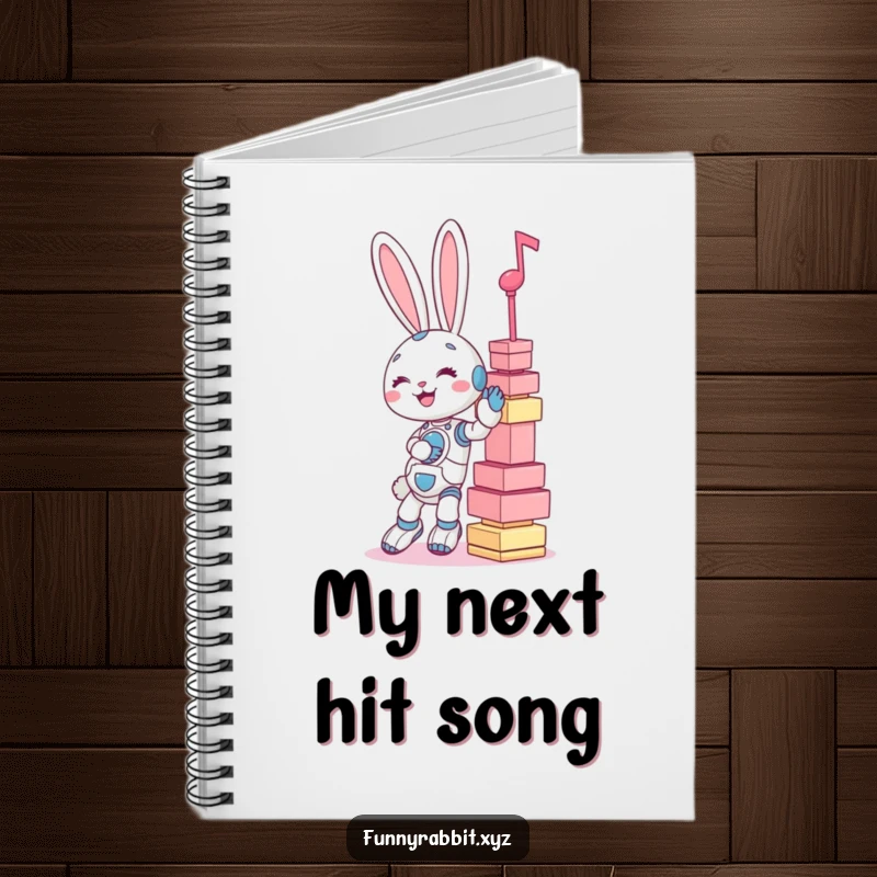 Funny notebook: a giggling rabbit bot struggling to balance a wobbly tower of large musical notes.