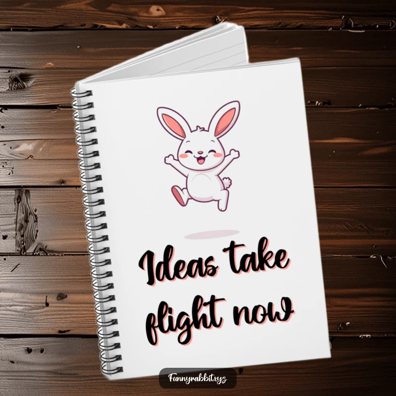 Funny rabbit notebook featuring a cartoon rabbit mid-leap with a delighted expression, ideal for capturing notes and ideas.
