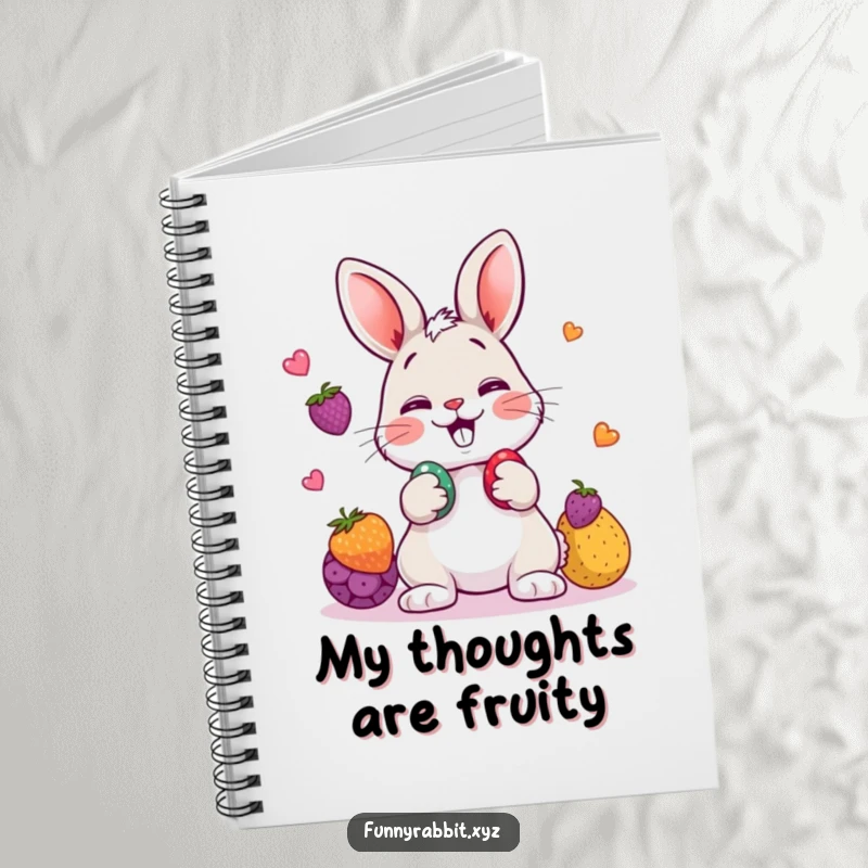 Funny rabbit notebook featuring a cartoon rabbit playfully juggling three colorful berries, ideal for capturing notes and ideas.