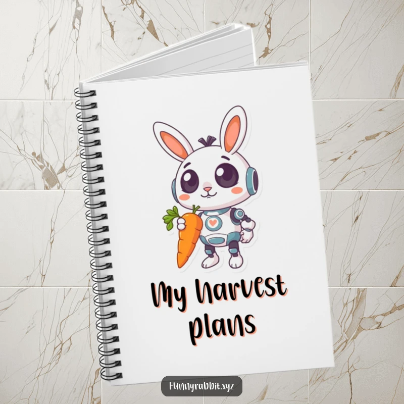 Funny Surprised Rabbit Bot Notebook: A surprised rabbit bot with wide eyes holds a giant carrot, adding a humorous touch to your note-taking.