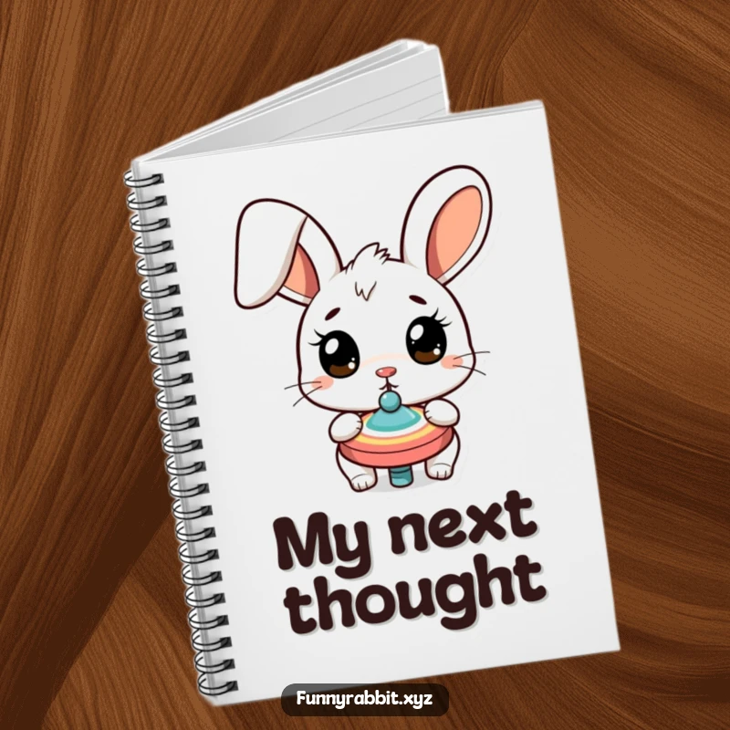 Funny surprised rabbit notebook, a cartoon bunny with wide eyes captivated by a spinning top, ideal for jotting notes with humor.