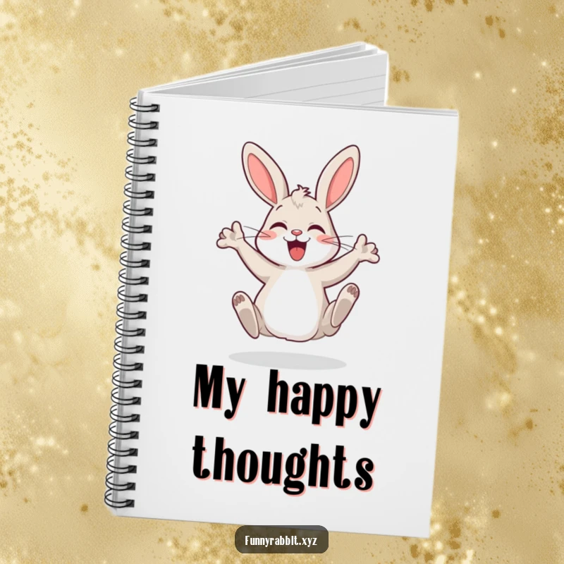 Funny cartoon rabbit notebook, a happy bunny doing a silly dance, ideal for jotting notes with a touch of infectious energy.