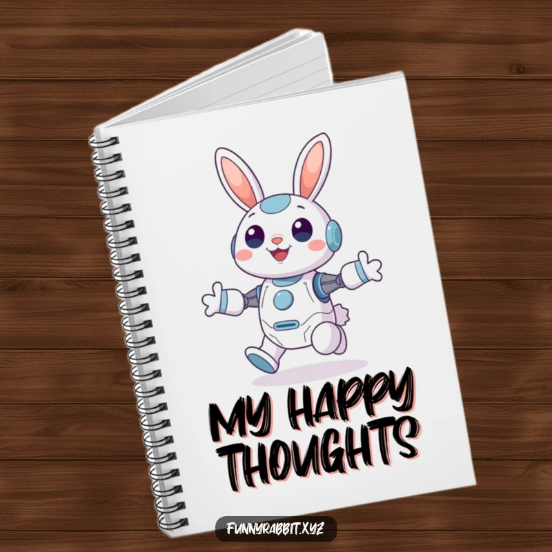 Funny Cheerful Rabbit Bot Notebook: A joyful rabbit bot hops with perked ears, inspiring happy thoughts and creative notes.