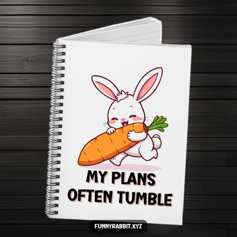 Funny rabbit notebook featuring a cartoon rabbit comically tripping while carrying a large carrot, ideal for notes and ideas.