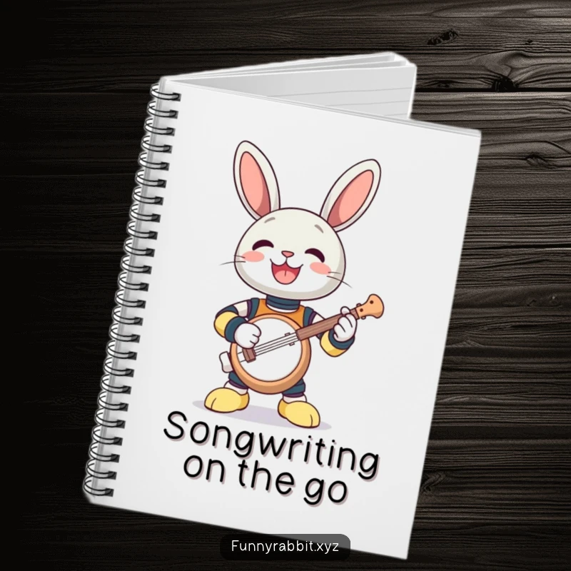 Funny notebook: a gleeful rabbit bot enthusiastically playing a comically small banjo.