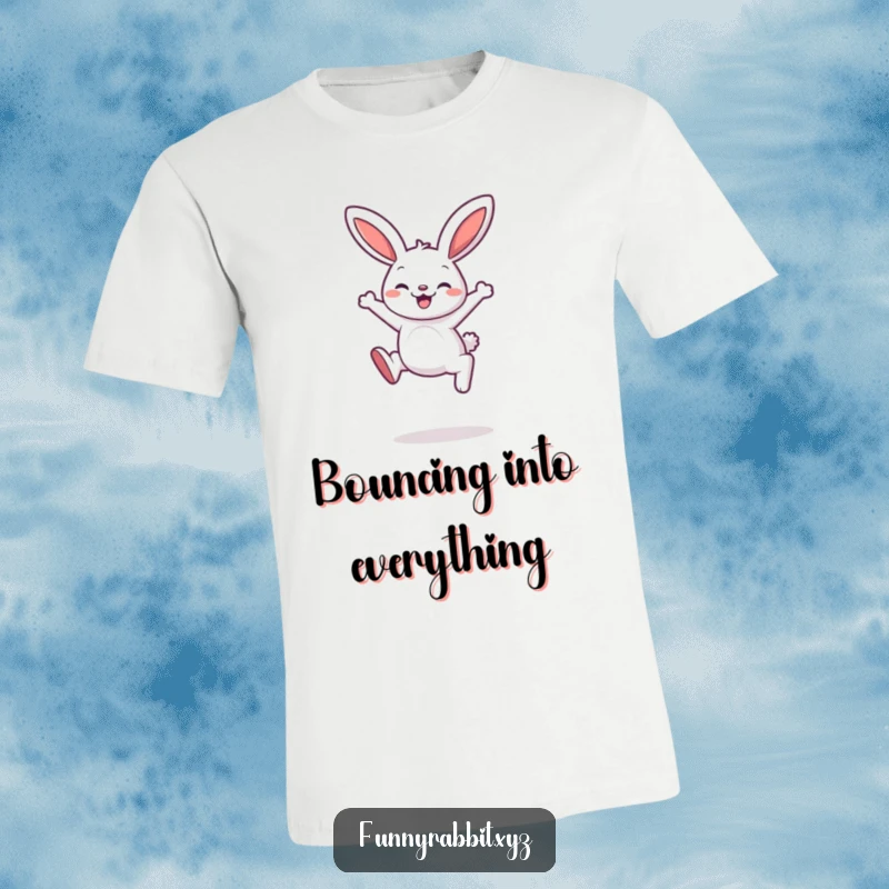 Funny rabbit t-shirt showing a cartoon rabbit in a mid-air bounce with a delighted expression, full of playful energy.