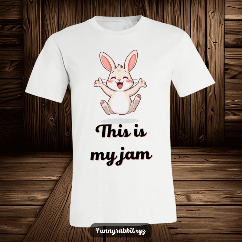 Funny cartoon rabbit t-shirt, a happy bunny doing a silly dance with hind legs in the air, perfect for party lovers.