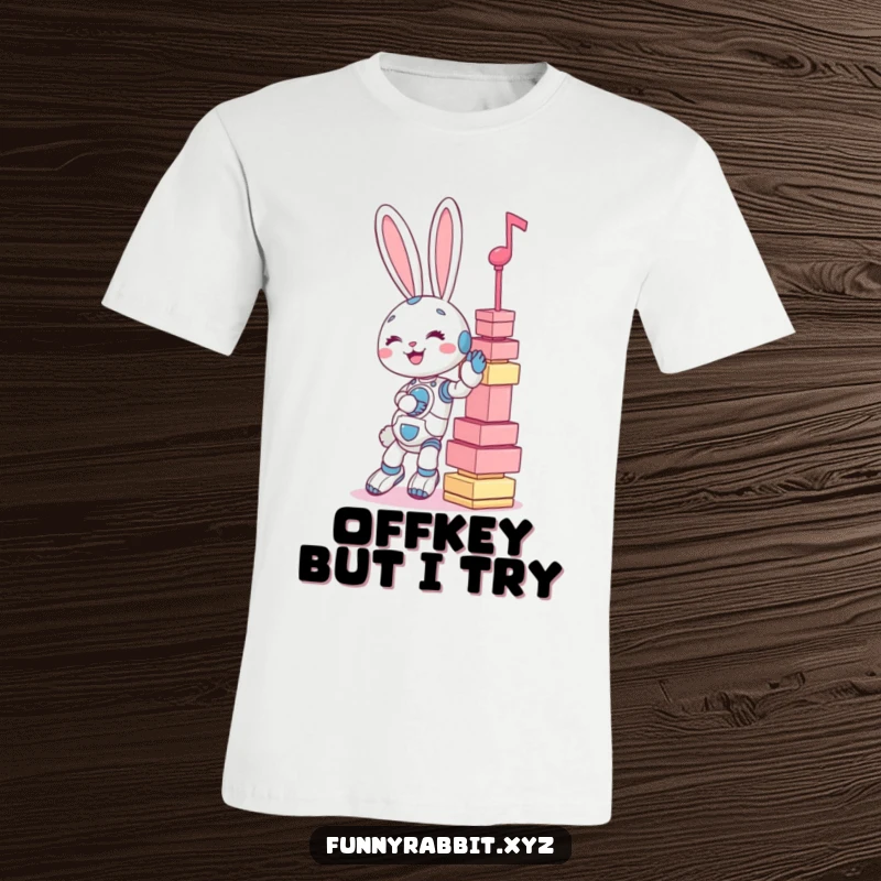 Funny t-shirt: a giggling rabbit bot attempting to balance an unstable, towering stack of large musical notes.