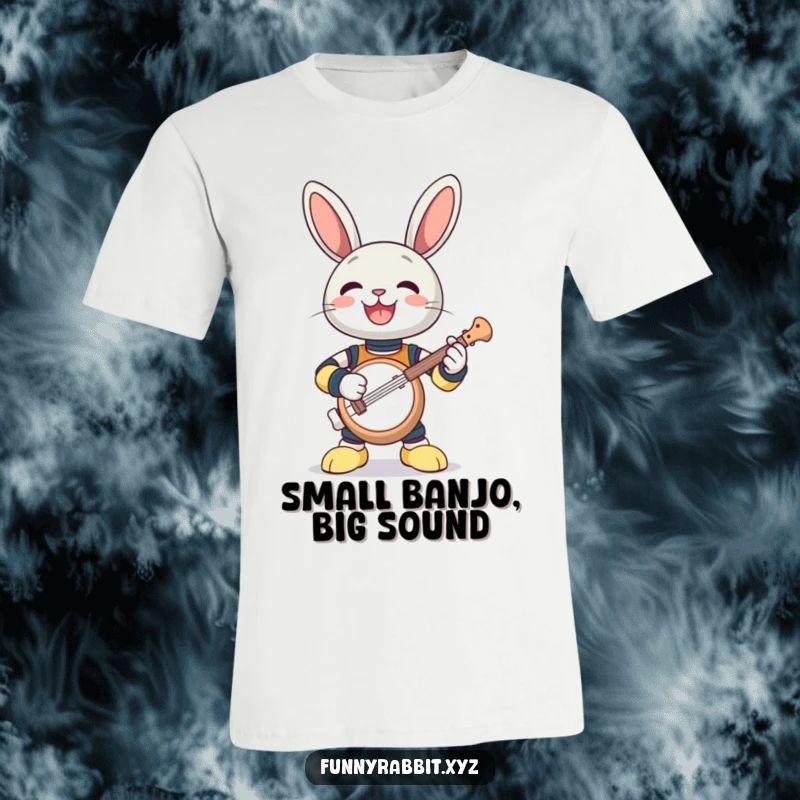 Funny t-shirt: a gleeful rabbit bot enthusiastically strumming a comically small, acoustic banjo.