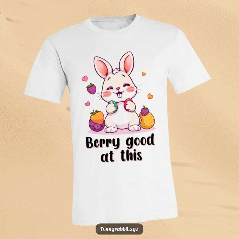 Funny rabbit t-shirt showcasing a giggling cartoon rabbit playfully juggling three vibrant, colorful berries with enthusiasm.