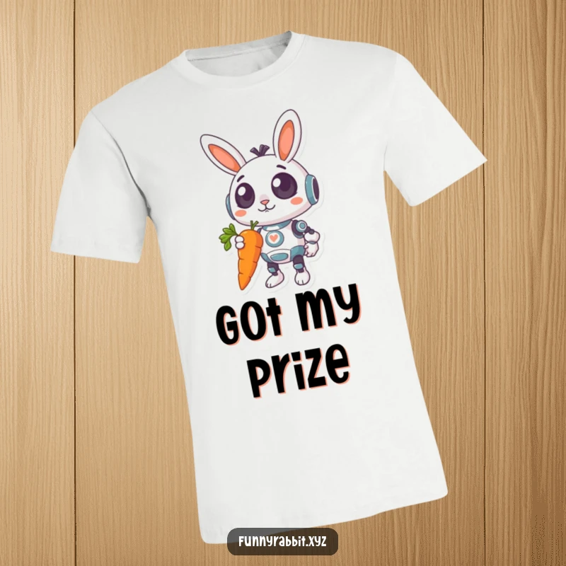 Funny Surprised Rabbit Bot T-Shirt: A surprised rabbit bot with wide eyes and a crooked smile struggles to hold a giant, dangling carrot.