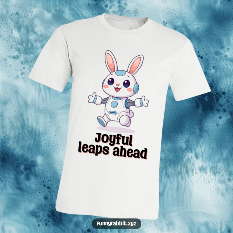 Funny Cheerful Rabbit Bot T-Shirt: A joyful rabbit bot is depicted mid-hop with high-perked ears, exuding infectious happiness.