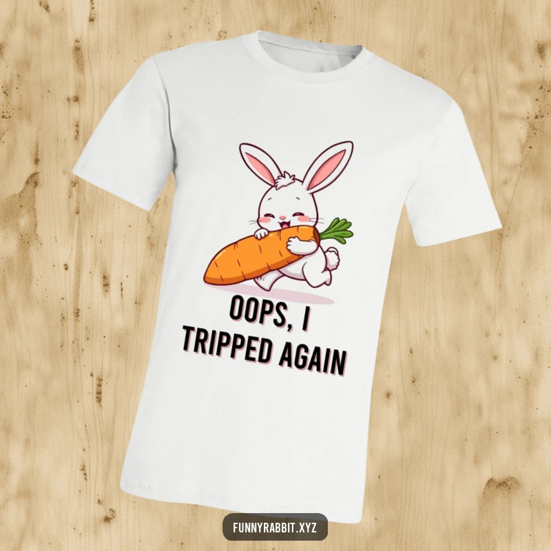 Funny rabbit t-shirt depicting a cartoon rabbit comically tripping over its own feet while juggling a giant carrot.