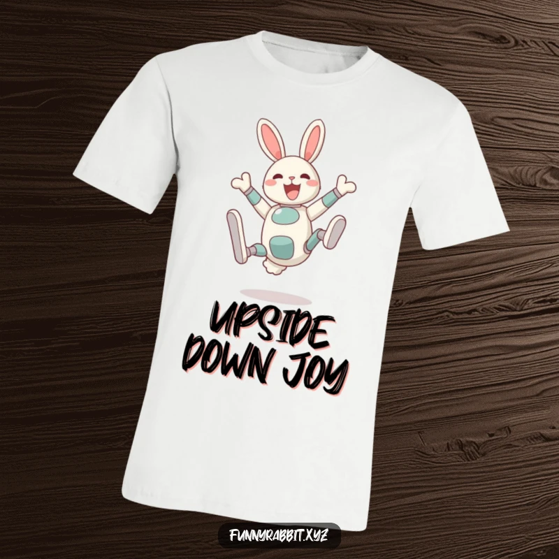 Funny Delighted Rabbit Bot T-Shirt: A joyful rabbit bot is captured mid-somersault with legs comically in the air, showcasing pure fun.