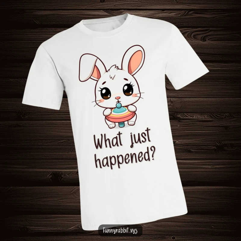 Funny surprised rabbit t-shirt showing a cartoon bunny with wide eyes, a spinning top creating bewildered humor, a great gag gift.