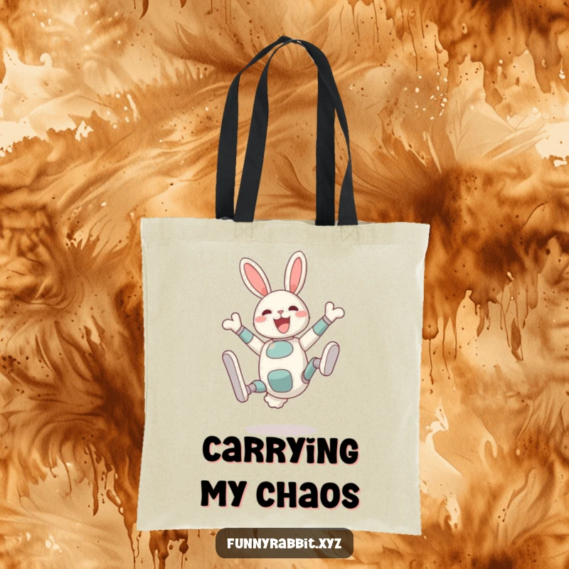 Funny Delighted Rabbit Bot Tote Bag: A rabbit bot performs a silly somersault with legs in the air, carrying your belongings with fun.