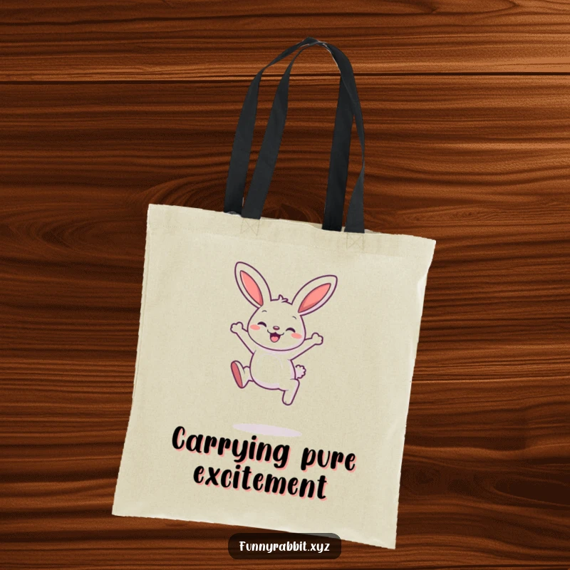 Funny rabbit tote bag featuring a cartoon rabbit mid-leap with a delighted expression, perfect for carrying essentials with style.