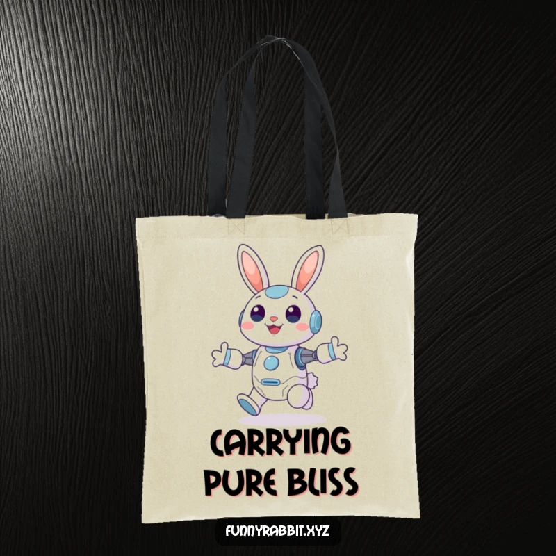 Funny Cheerful Rabbit Bot Tote Bag: A joyful rabbit bot hops with high-perked ears, carrying your items with happy energy.