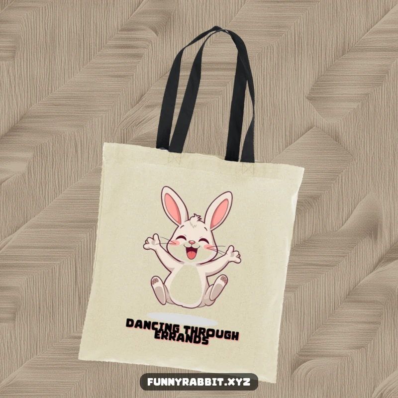 Funny cartoon rabbit tote bag, a happy bunny doing a silly dance, practical and cheerful for carrying everyday items.