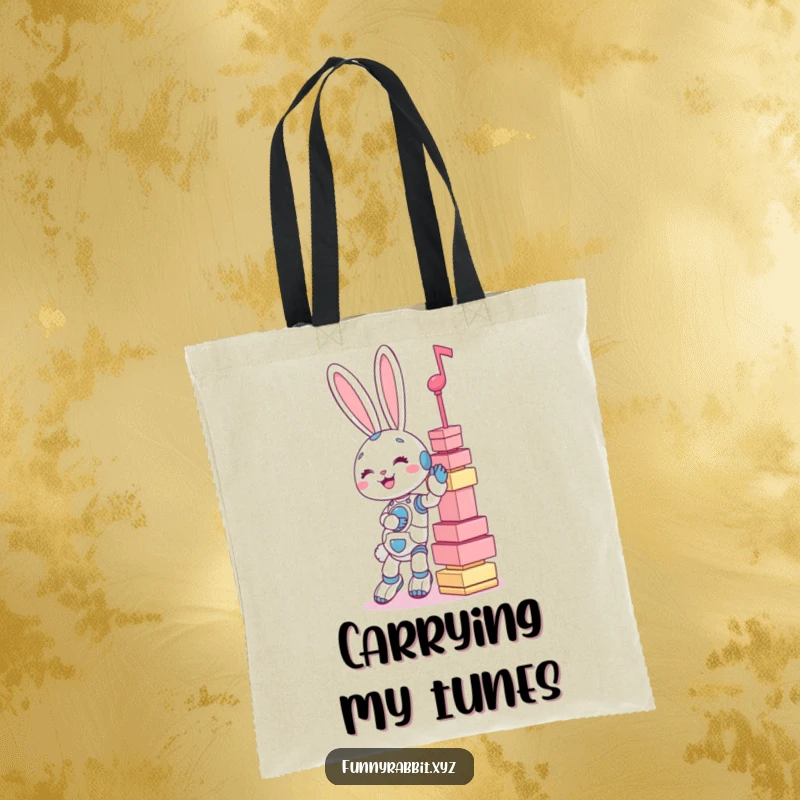 Funny tote bag: a giggling rabbit bot balancing a precarious, oversized tower of musical notes.