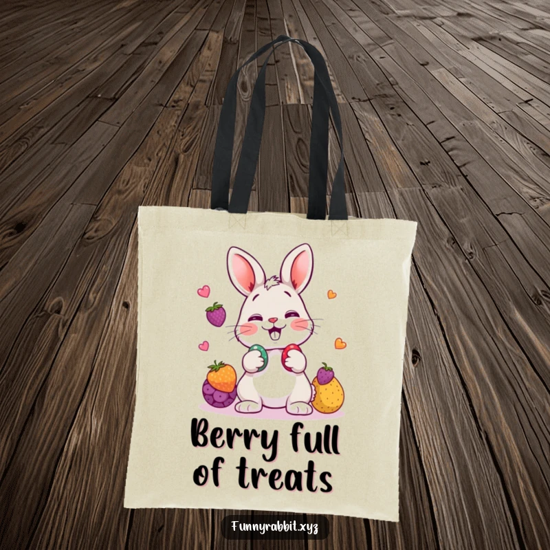 Funny rabbit tote bag featuring a cartoon rabbit playfully juggling three colorful berries, ideal for shopping or daily use.
