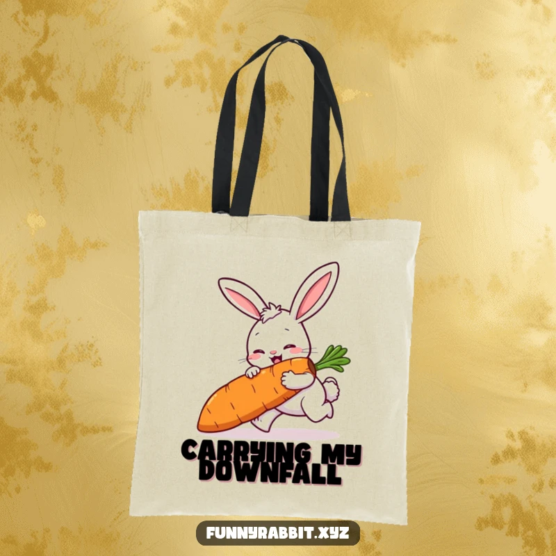 Funny rabbit tote bag featuring a cartoon rabbit comically tripping while holding a large carrot, ideal for shopping.