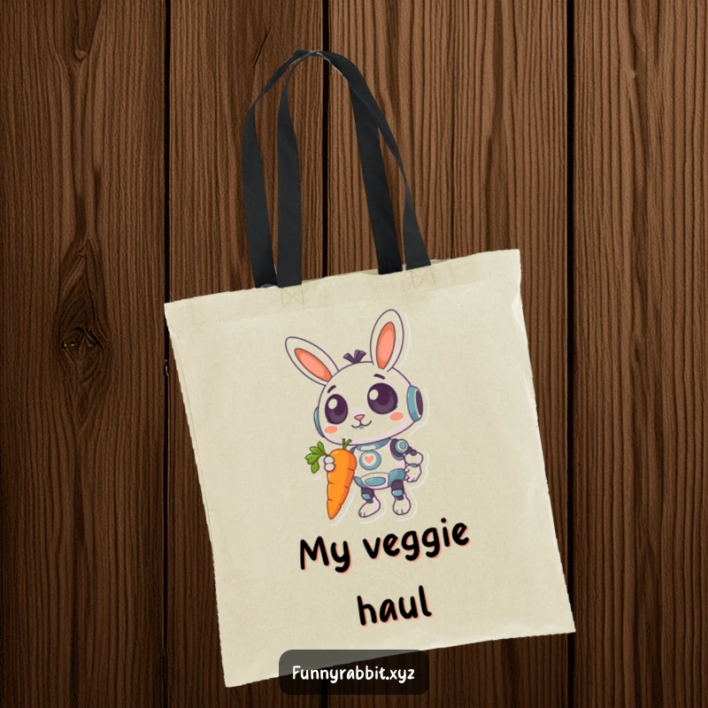 Funny Surprised Rabbit Bot Tote Bag: A surprised rabbit bot with wide eyes holds a giant, dangling carrot, ready for a humorous haul.