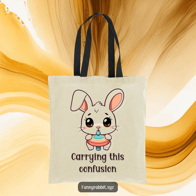 Funny surprised rabbit tote bag, a cartoon bunny with wide eyes, a spinning top, practical and humorous for everyday use.