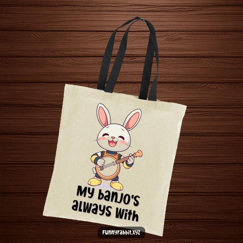 Funny tote bag: a gleeful rabbit bot enthusiastically playing a comically small banjo.